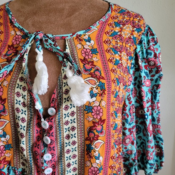 SHEIN Women XL Boho Floral Tassel Tie Tunic Top Turquoise Orange Mixed Print - Picture 2 of 9